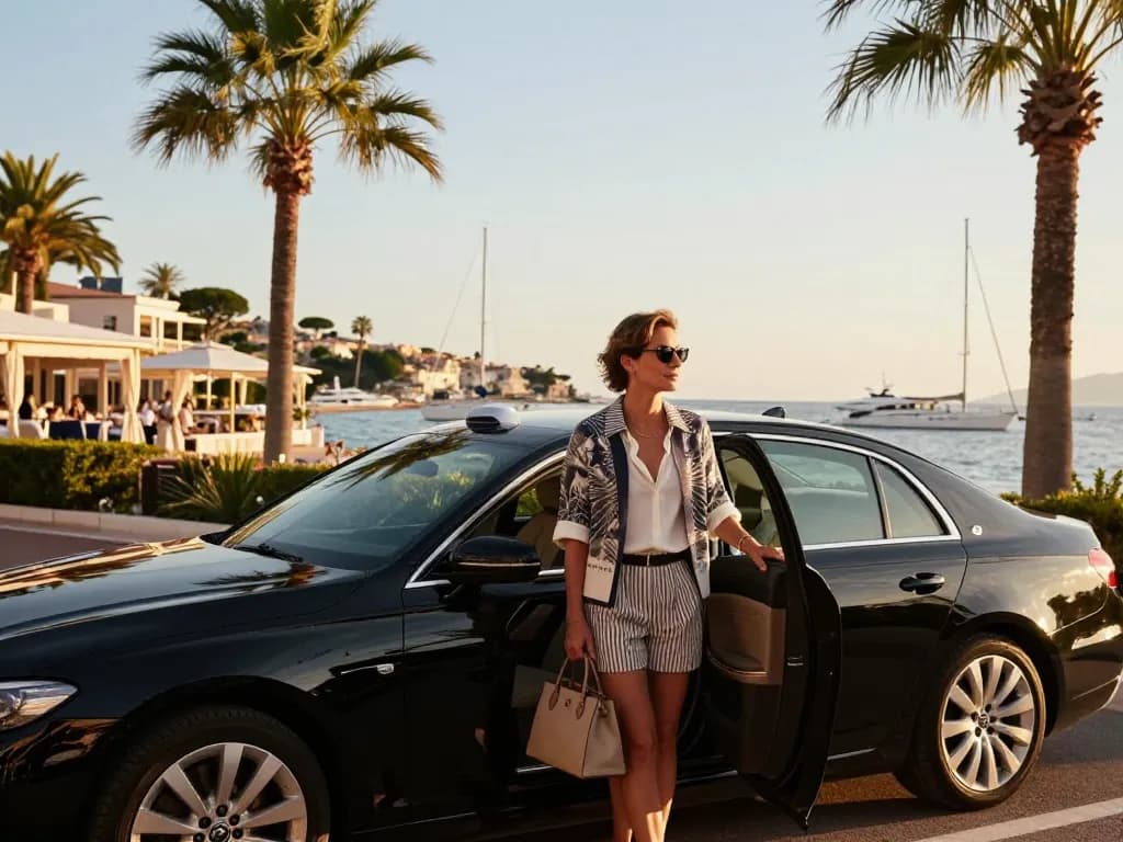 Scène de Taxi St Tropez mettant en avant un voyageur de luxe arrivant avec style à un emplacement en bord de mer, tenue élégante et magnifique toile de fond méditerranéenne.