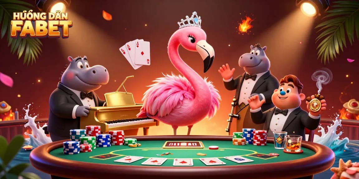 Engage in thrilling gaming with HƯỚNG DẪN FABET in a vibrant casino scene featuring lively characters and poker elements