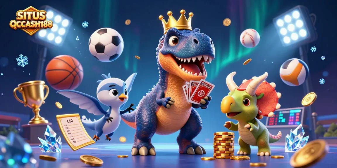 Engage with SITUS QQCASH188’s dynamic scene featuring colorful characters, sports elements, and thrilling gaming action.