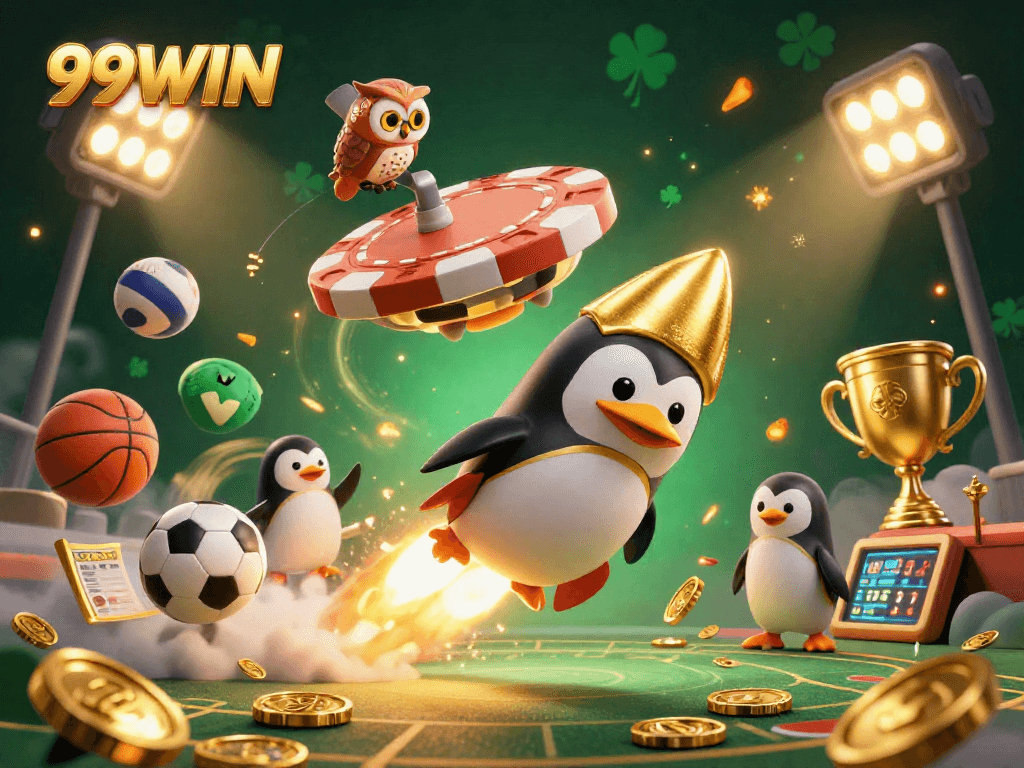 Experience thrilling adventures with 99WIN as a penguin rockets toward a vibrant casino in space.