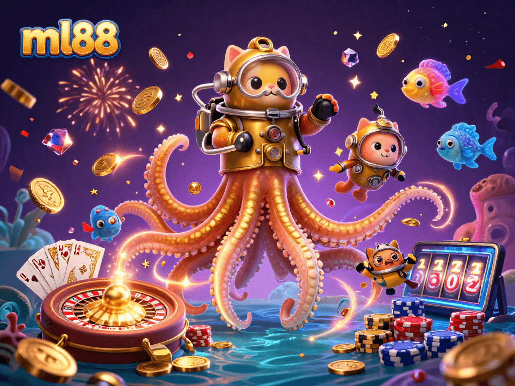 Get ready for thrilling adventures on ml88 with a vibrant gaming scene featuring a kraken, diving cat, and casino elements.
