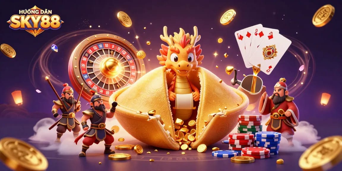 Engage in the thrilling world of HƯỚNG DẪN SKY88 with a vibrant 3D casino illustration featuring exciting gaming elements.