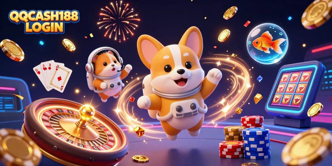 Experience interactive gaming thrills with QQCASH188 LOGIN in this vibrant 3D casino scene.