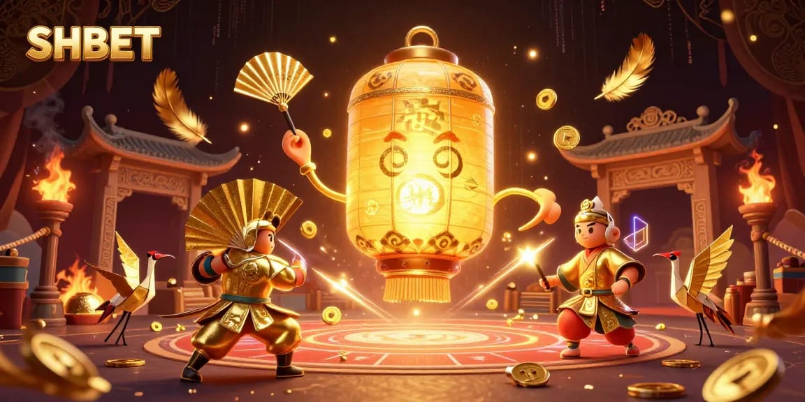 Engage with the vibrant SHBET gaming scene filled with golden lantern spirits and casino elements.