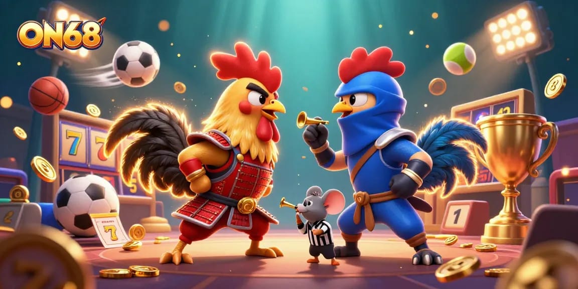 Experience the thrilling ON68 showdown with cartoon roosters battling in a dynamic casino scene.