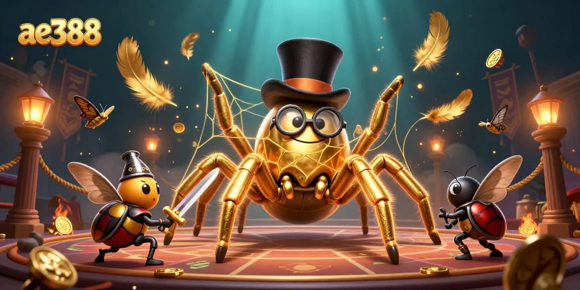 Experience thrilling casino action with ae388's lively characters in a dramatic 3D scene.