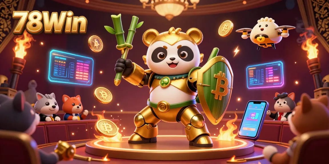 Engage with the vibrant 78Win casino world featuring a golden panda robot amidst glowing crypto elements.