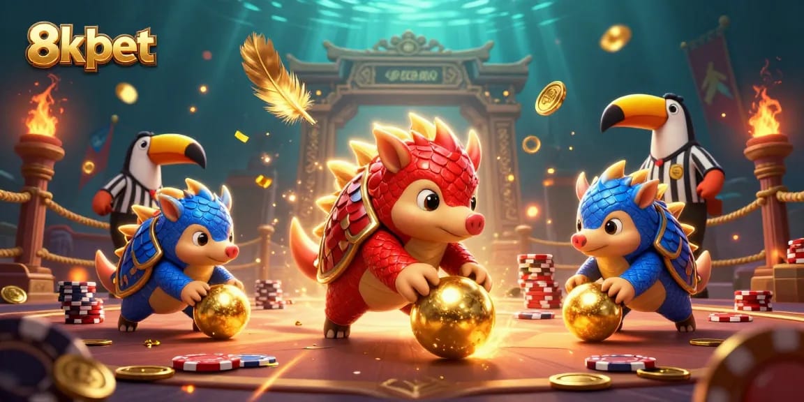 8xbet showcases rival pangolins rolling into golden balls amidst poker chips in a vibrant casino scene.