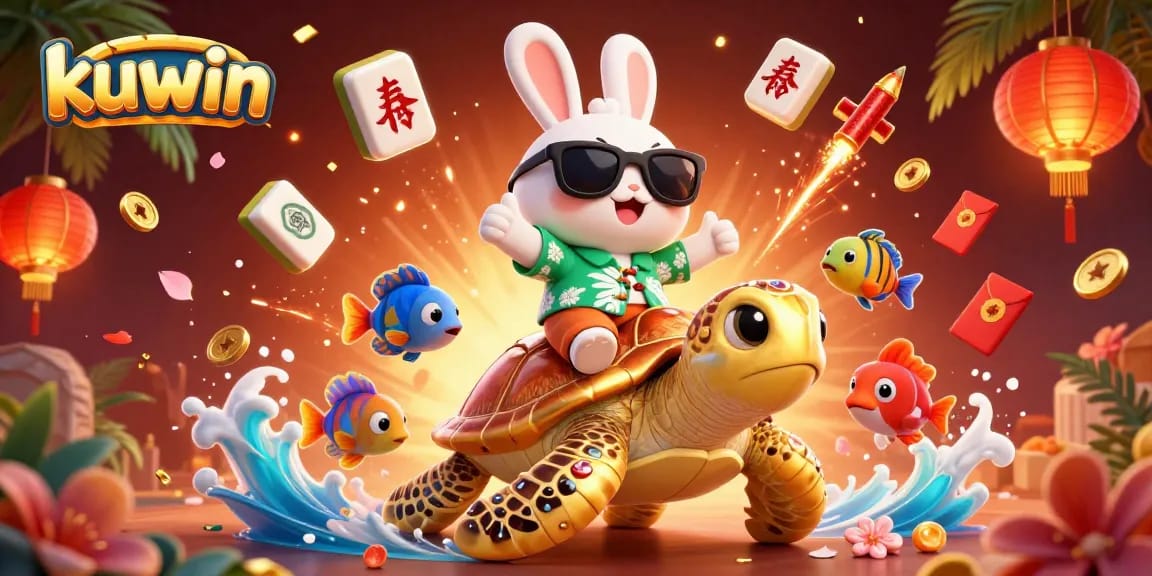 Kuwin enhances gaming excitement with a cheerful rabbit and turtle amid colorful casino elements.