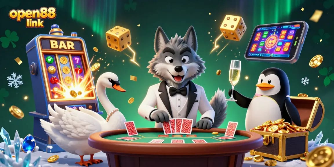 Experience the excitement at open88 link with our vibrant casino scene featuring a debonair wolf, elegant swan, and sophisticated penguin.