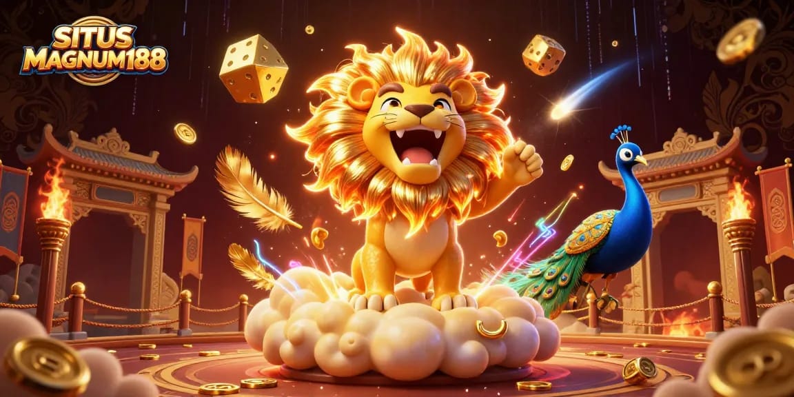 SITUS MAGNUM188 showcases a vibrant 3D casino scene featuring a lion, golden dice, and dynamic gambling elements.