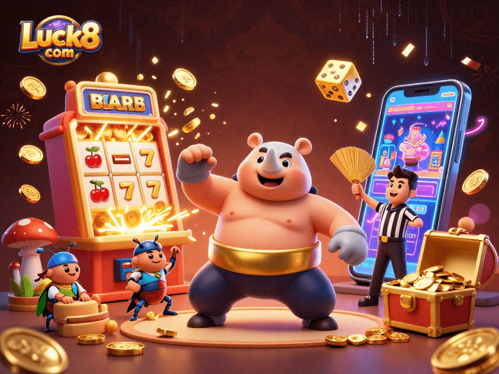Experience Luck8 com's thrilling jackpot excitement with a cartoon beetle champion, a referee, and amazing rewards!