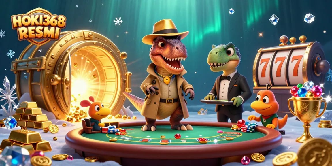 Visualize the vibrant scene of HOKI368 RESMI casino with a clever velociraptor at a blackjack table.