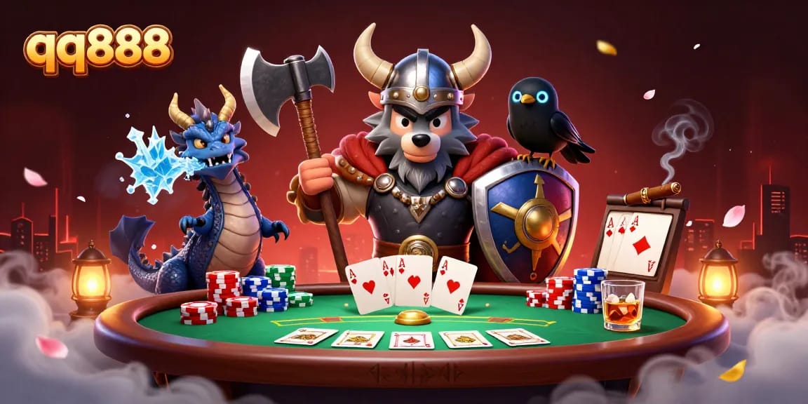 Engage with qq888 through an epic scene featuring a Viking wolf warrior, dragon, and vibrant poker elements.