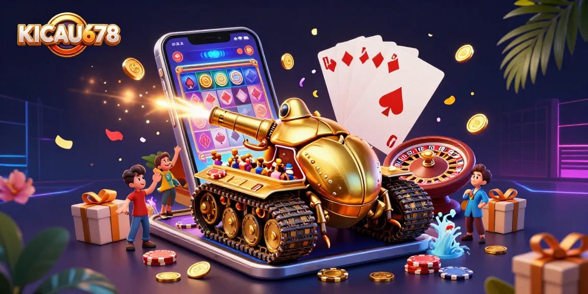 KICAU678 offers a lively gaming experience inside a golden beetle tank casino with dynamic slot games and vibrant elements.