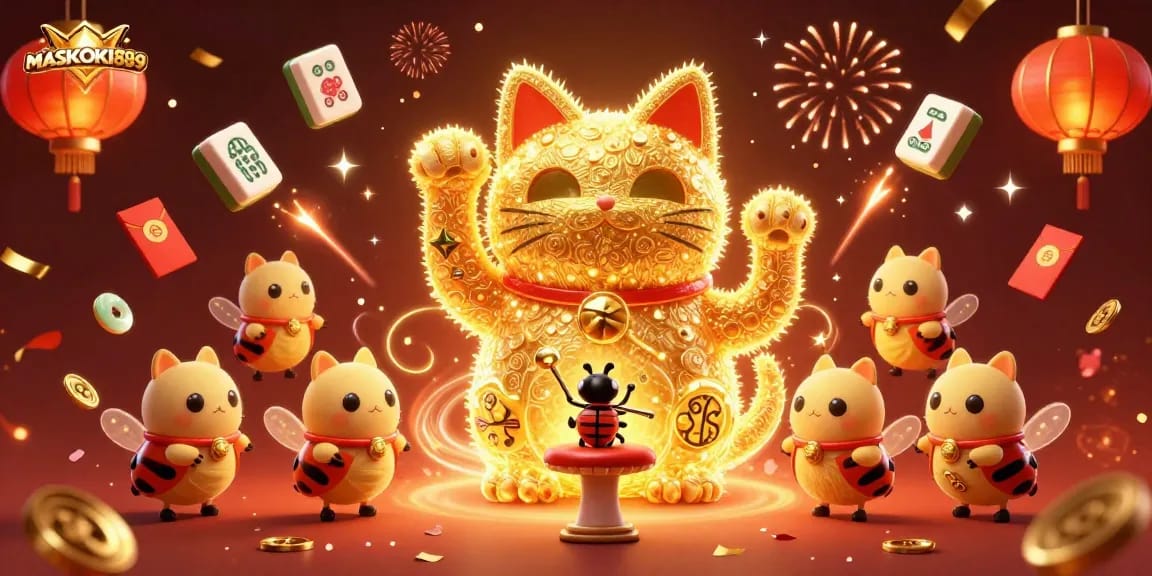 Experience the excitement of MASKOKI889 with a vibrant 3D scene featuring lucky symbols and festive elements.
