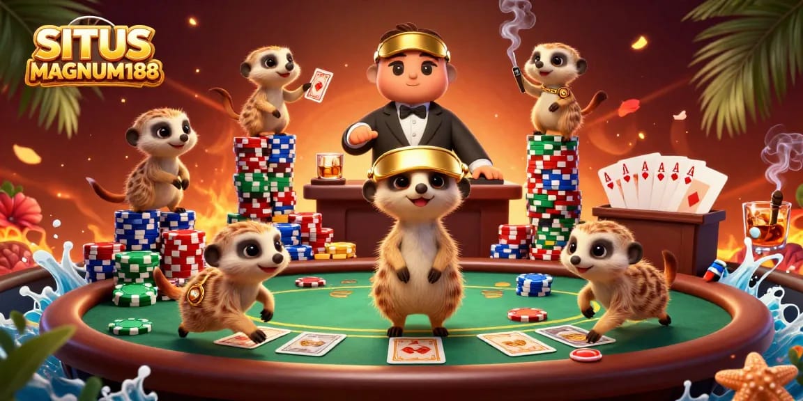 SITUS MAGNUM188 features meerkats managing a vibrant casino scene with dynamic poker action and colorful chip towers.