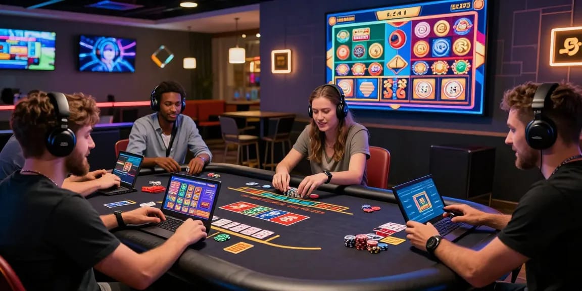 Excited players enjoying the e28 online casino gaming experience in a vibrant lounge.