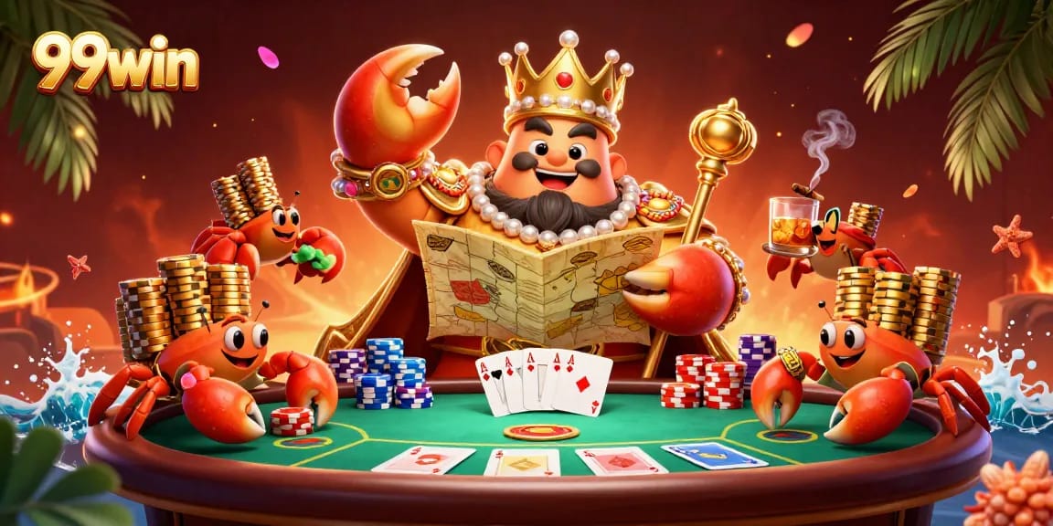 Experience the excitement of 99win with a vibrant casino scene featuring a golden crab emperor and poker elements.