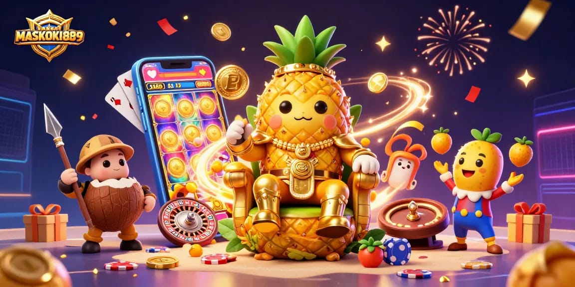Engage with MASKOKI889's vibrant 3D casino experience featuring whimsical characters and dynamic gambling elements.