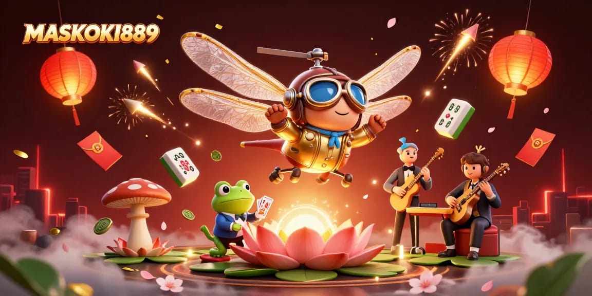 Uncover winning strategies with MASKOKI889 at a vibrant lily pad casino with engaging characters.
