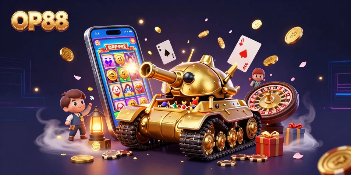 Experience the thrill of OP88 with a vibrant 3D illustration of a golden beetle tank showcasing an exciting miniature casino.
