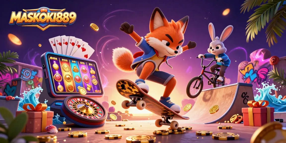 Jump into action with MASKOKI889's thrilling casino gaming scene showcasing dynamic characters and vibrant games.