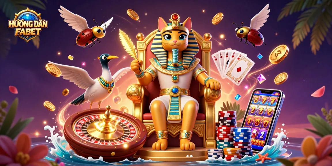 Experience the thrill of gaming with the HƯỚNG DẪN FABET illustrated scene featuring a pharaoh cat and casino elements.