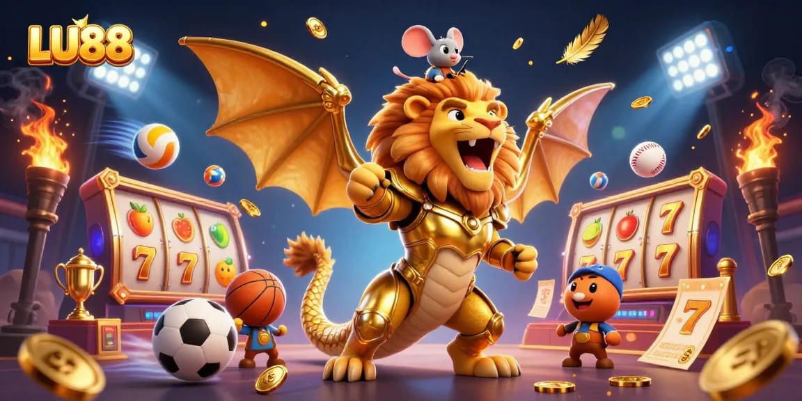LU88 features a chimera creature winning in a dynamic casino scene with slots and jackpots.