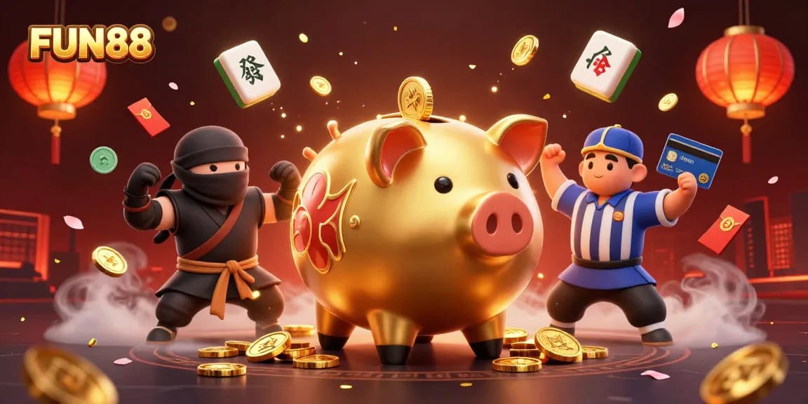 Join the FUN88 experience with vibrant visuals, golden coins, and dynamic characters in action.