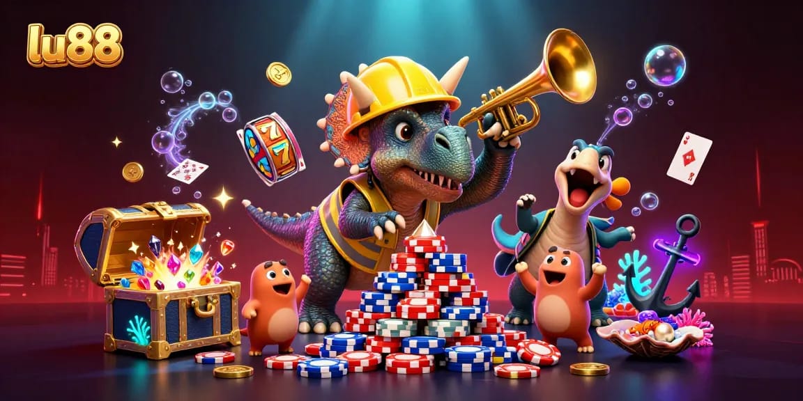 lu88 celebrates winning casino slots with a triceratops and magical elements