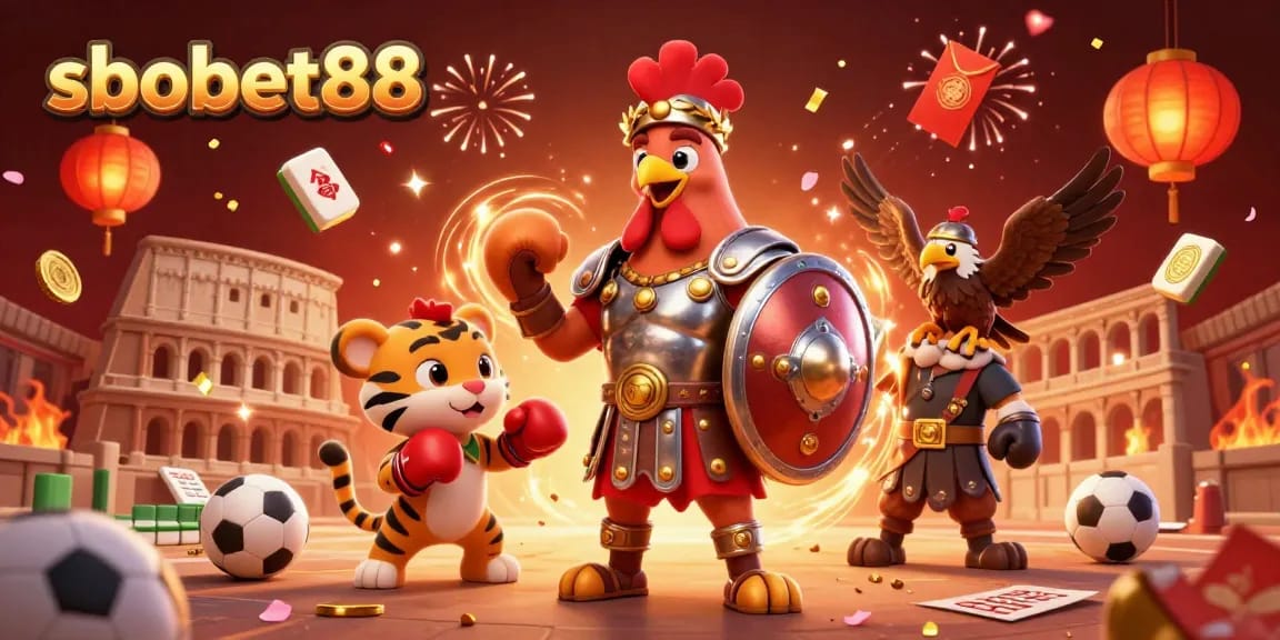 Bet on sbobet88 in a dynamic scene with a rooster gladiator, tiger cub, and betting elements.