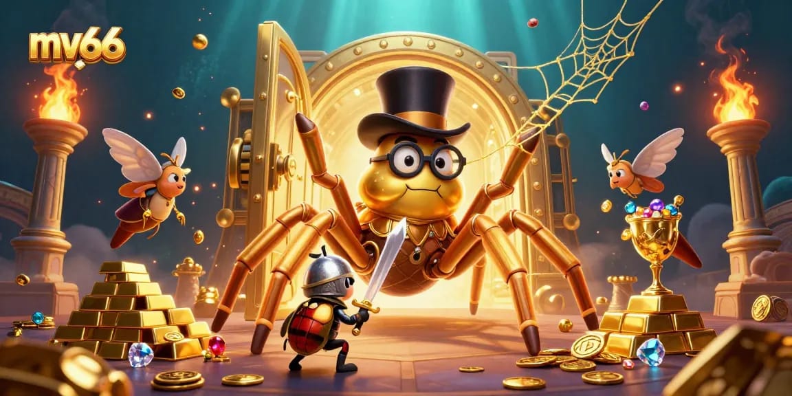 Experience the magic of mv66 with this dynamic illustration featuring a casino adventure with treasure and excitement.