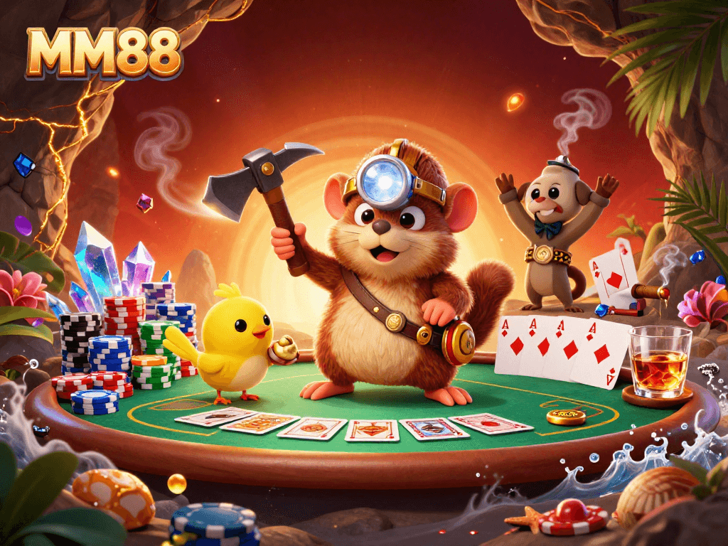 Engage in exciting gaming at MM88 with rich visuals of a treasure hunter mole, poker elements, and glowing gems.