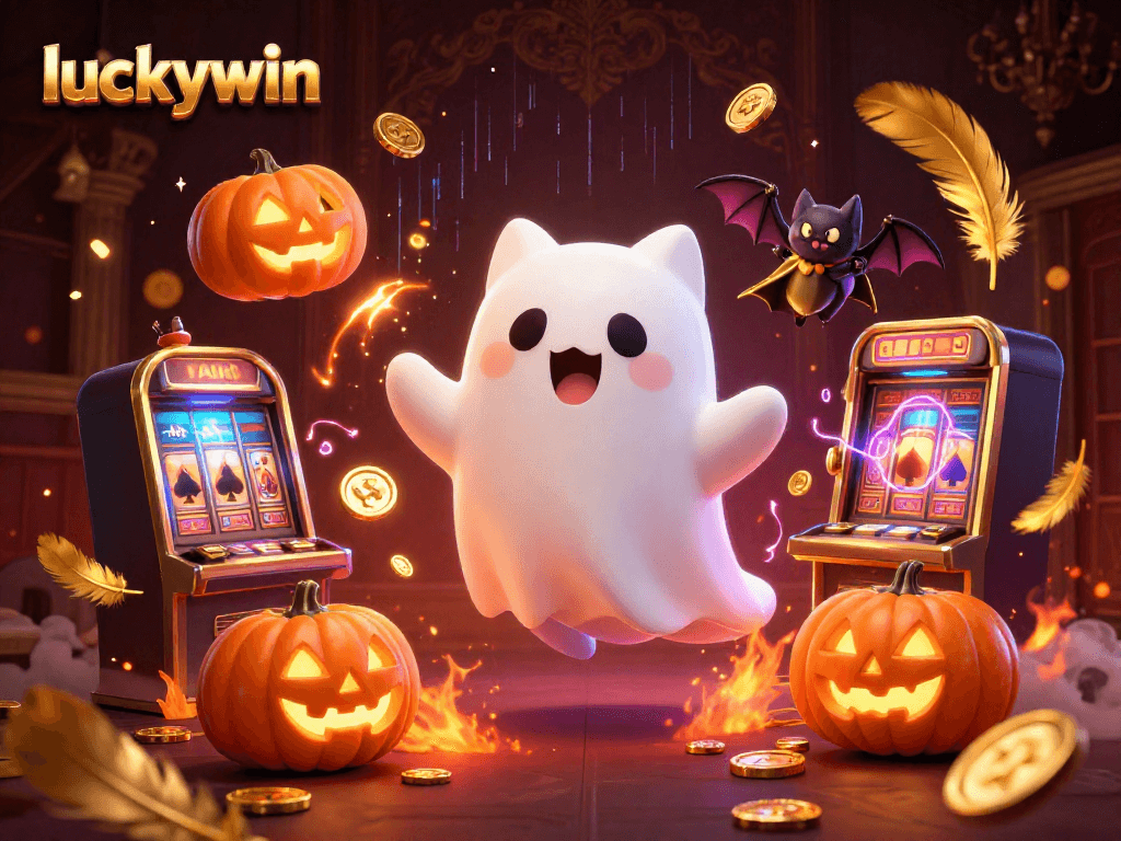 Experience thrilling gameplay at Luckywin casino with a ghost cat and bat in a haunted setting.