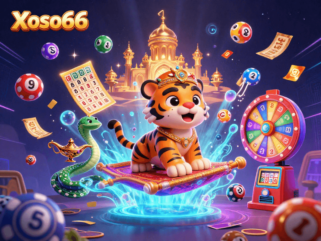Xoso66 players enjoying vibrant lottery games with colorful balls and prizes in a magical casino world.