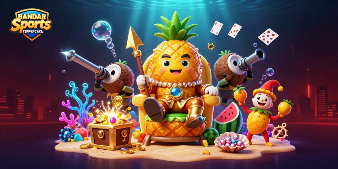BANDAR Sports TERPERCAYA showcases the golden pineapple king leading an exciting undersea casino scene.