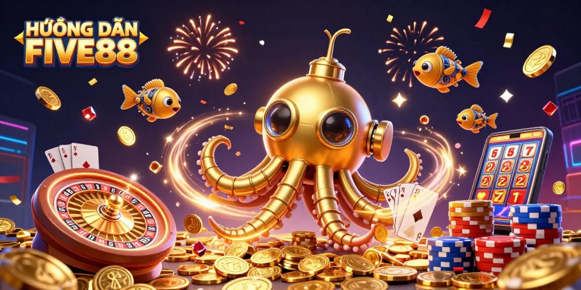 HƯỚNG DẪN FIVE88 showcases a golden kraken submarine in a vibrant casino scene with exciting game elements.