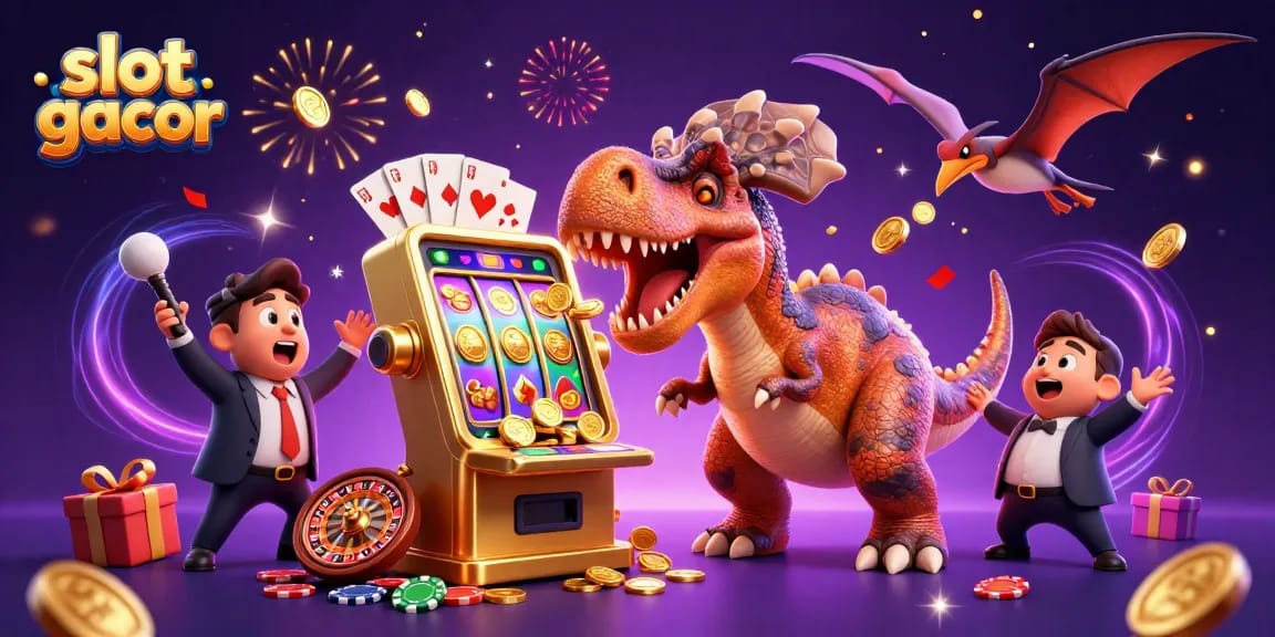 Slot gacor illustration with cartoon characters celebrating a jackpot at a vibrant casino