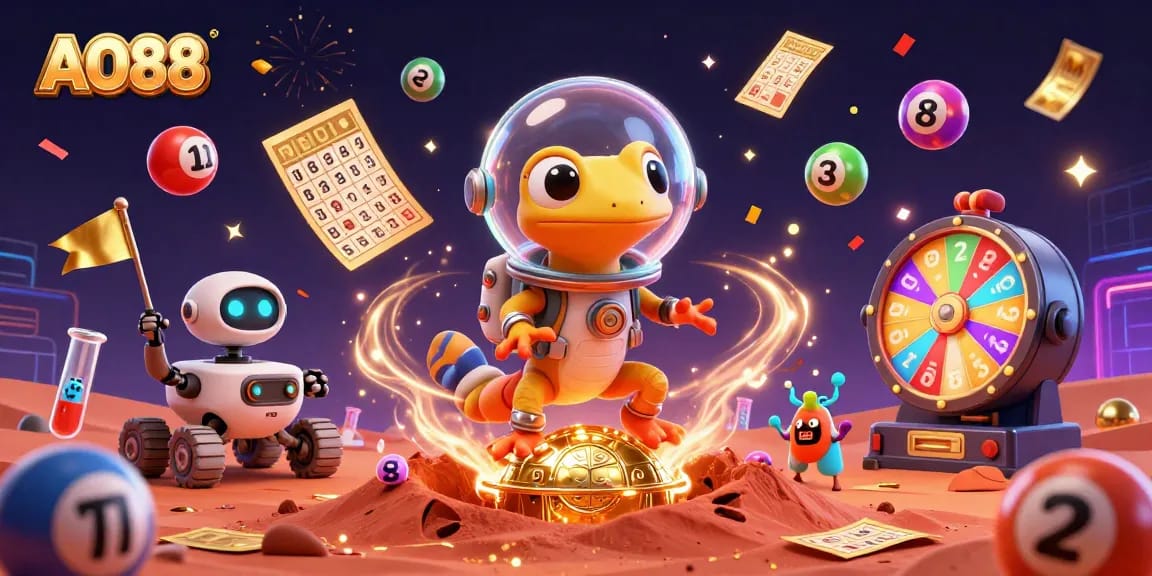 Experience the excitement of AO88 with a Martian gecko discovering a golden casino in a dynamic 3D scene.