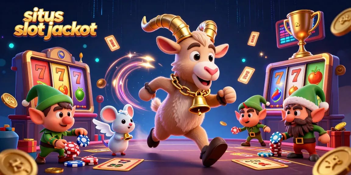 Situs slot jackpot showcases a lively casino scene with characters and slot elements, emphasizing thrilling gaming action.