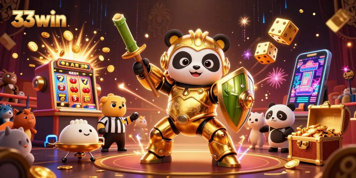 33win showcases an exciting 3D casino battle with a golden panda and thrilling slot machine action.