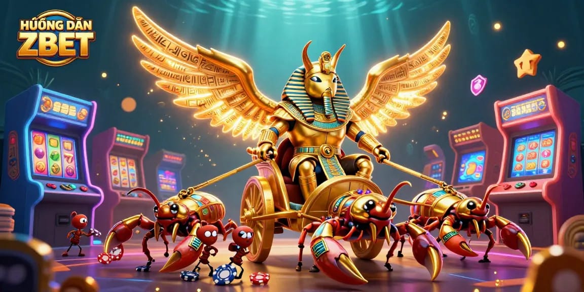 Engage with the exciting world of HƯỚNG DẪN ZBET featuring a golden scarab in a vibrant casino scene.