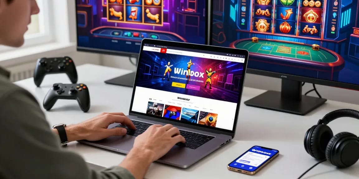 Engaging user preparing for Winbox login H5 on a stylish workspace with gaming devices.
