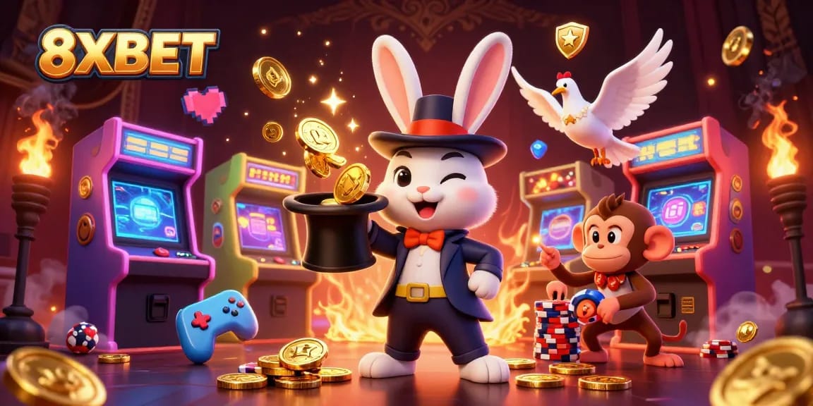 Engage with 8XBET's magical casino world featuring a charming rabbit pulling coins, vibrant games, and enchanting elements.