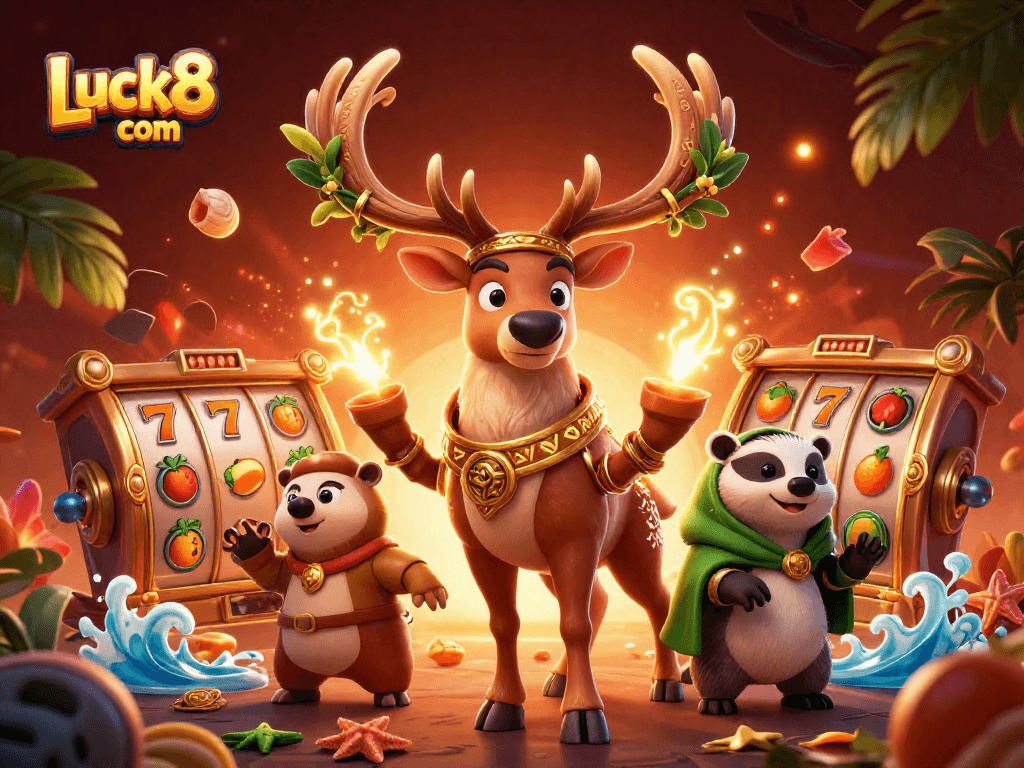 Experience the excitement of Luck8 com with vivid slot games led by a druid stag and wise badger in festive casino imagery.