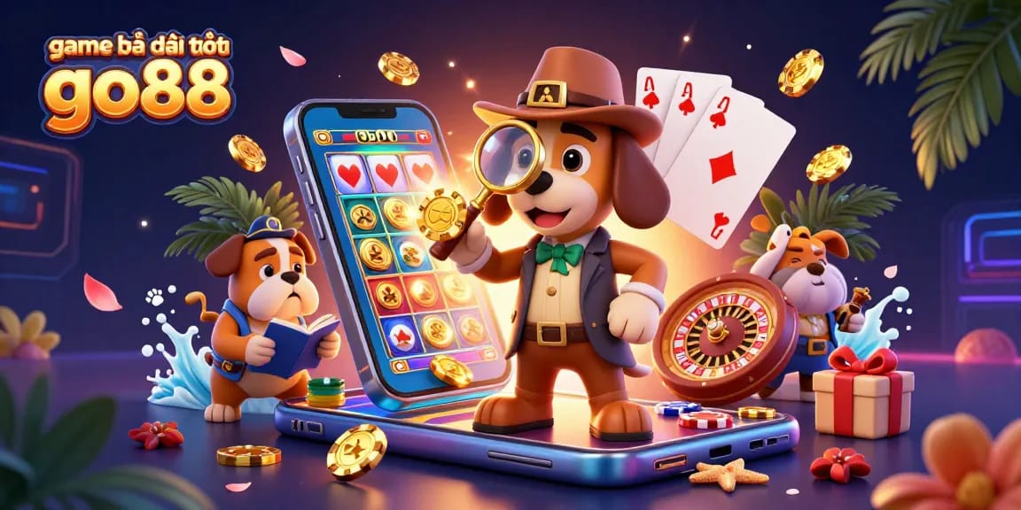 Engage with the game bài đổi thưởng go88 featuring a detective uncovering poker chip clues amidst vibrant casino elements.