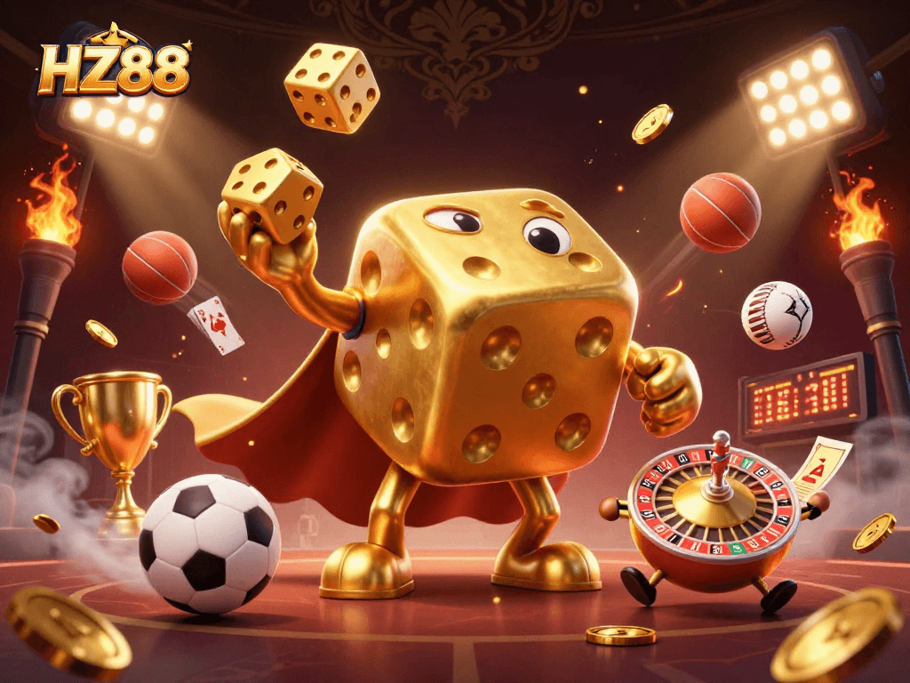 Experience HZ88's thrilling games with our dynamic illustration featuring golden dice and sports elements.