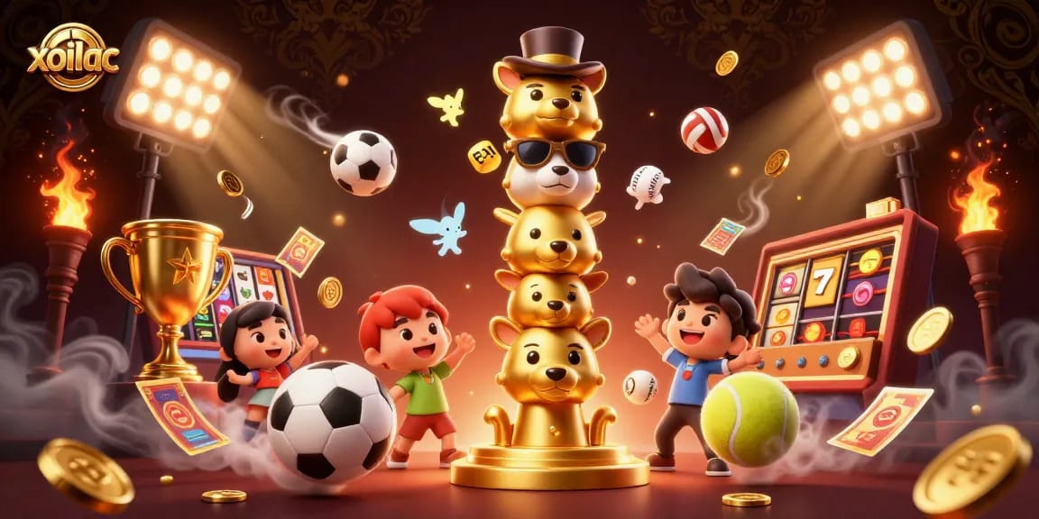 Xoilac offers thrilling casino experiences with vibrant sports elements and a golden totem.