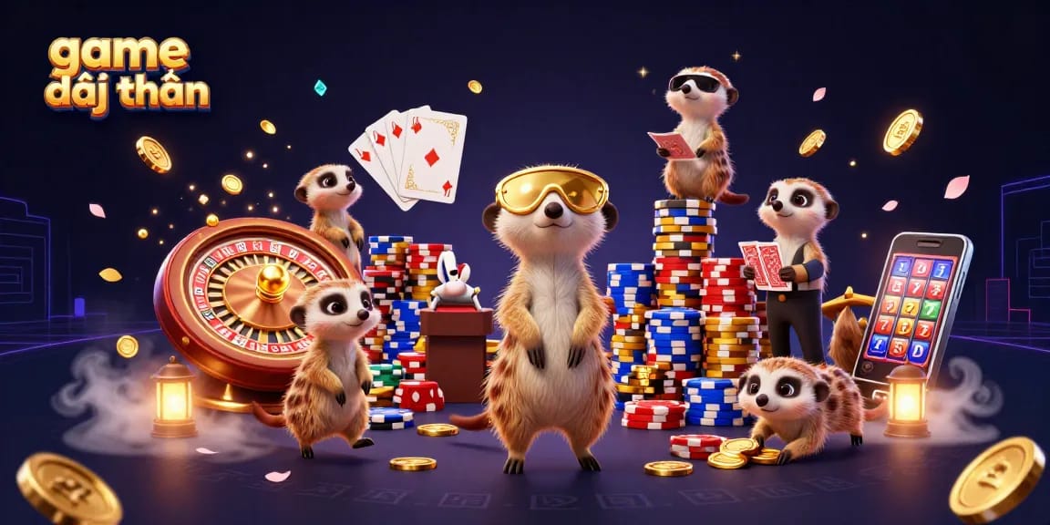 Experience thrilling game đổi thưởng action with a vivid meerkat casino scene full of excitement and vibrant details.